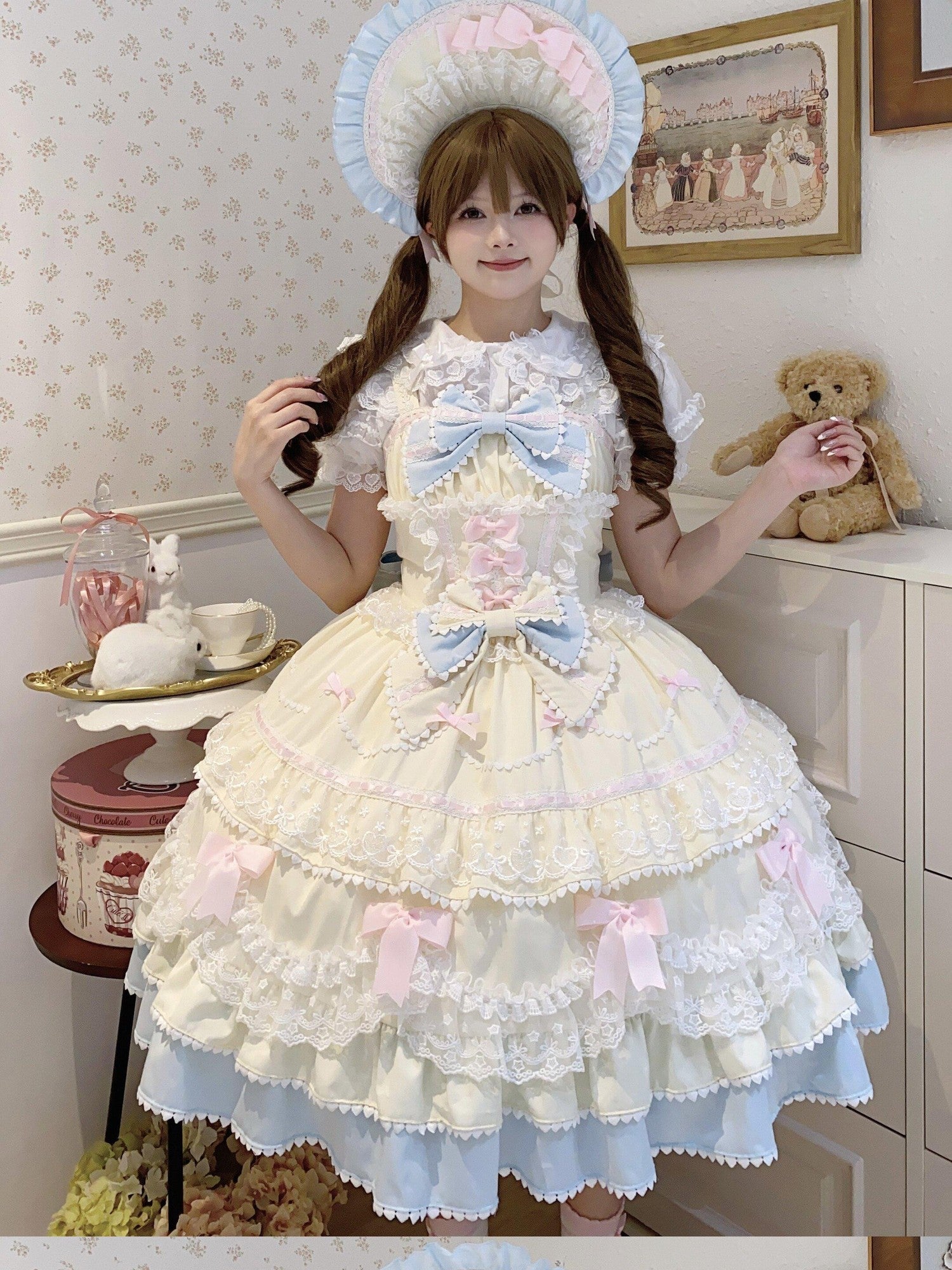 Sugar Girl Fondant Cake Print Back Bow Strappy Lolita Women's Jsk / Jumper Skirts