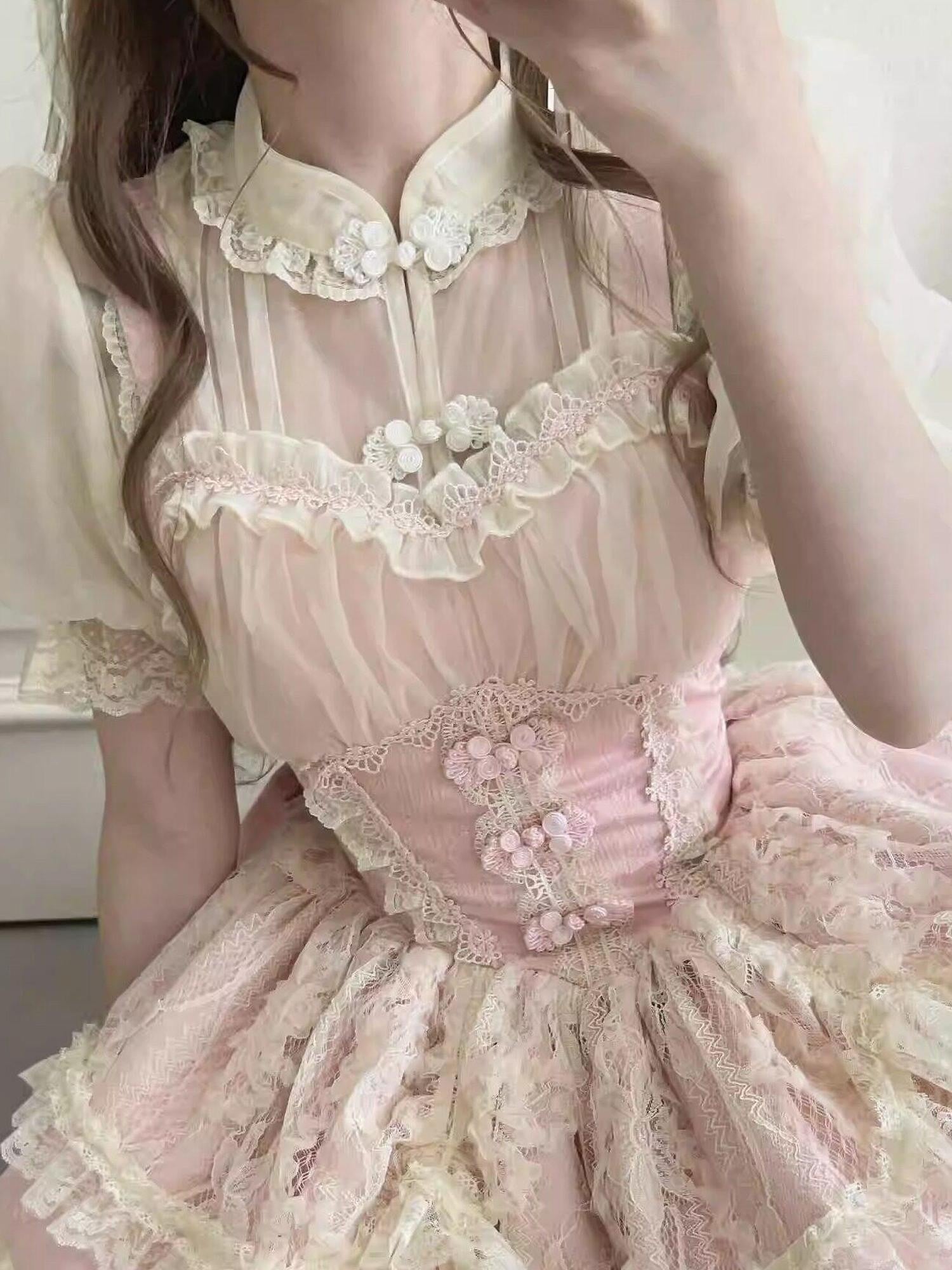 Sugar Girl Japanese Sweet Lolita Slim Fit Women's Super Soft Tulle Short Sleeve Blouses