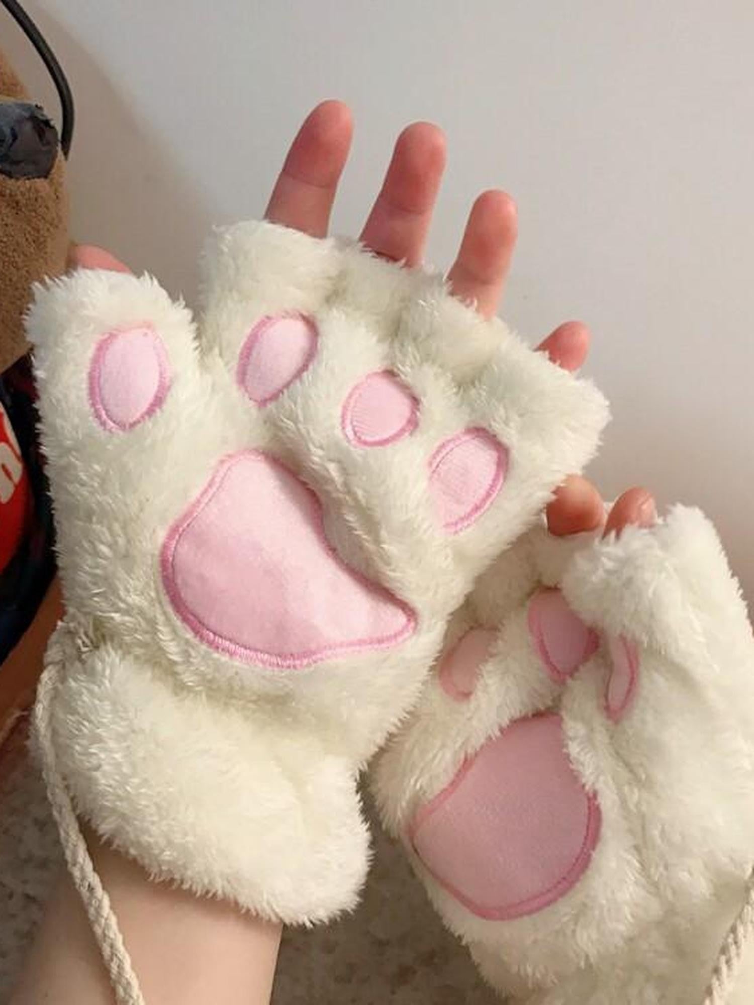 Sugar Girl Kawaii Cat Paw Half Finger Women's Plush Fleece Lined Gloves