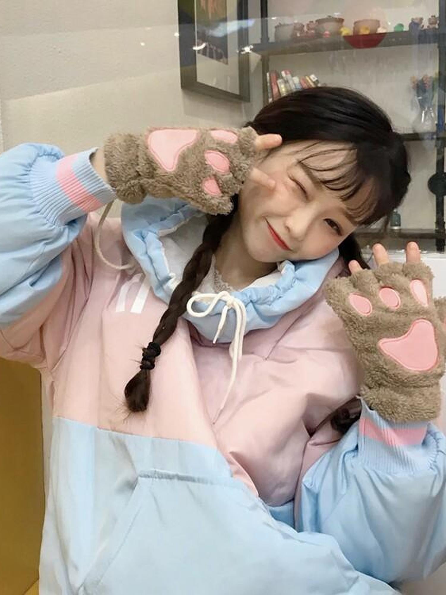 Sugar Girl Kawaii Cat Paw Half Finger Women's Plush Fleece Lined Gloves