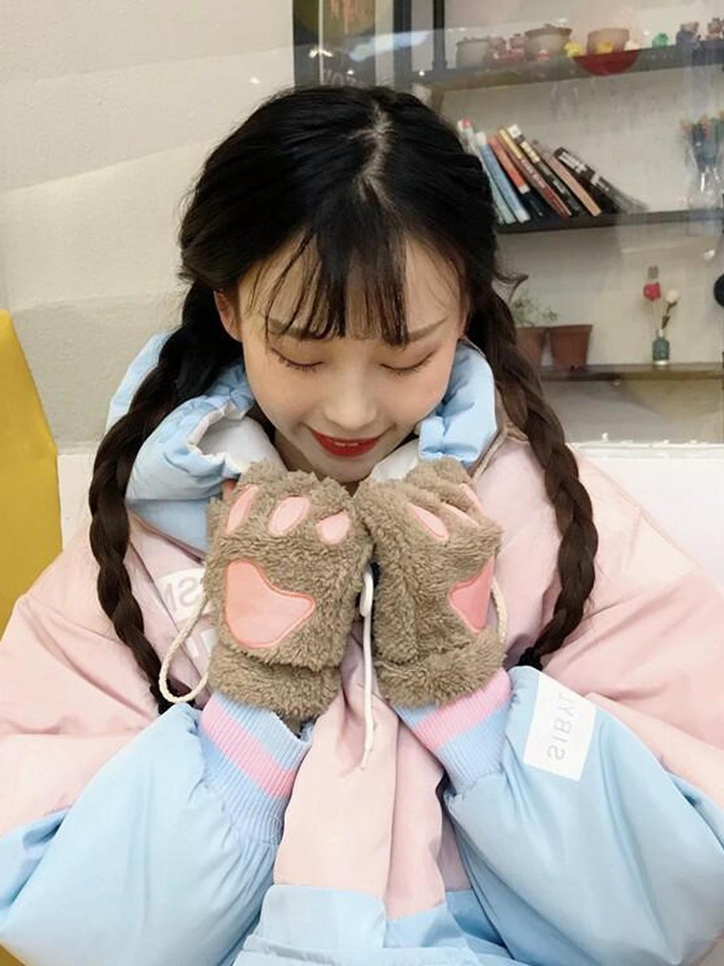 Sugar Girl Kawaii Cat Paw Half Finger Women's Plush Fleece Lined Gloves
