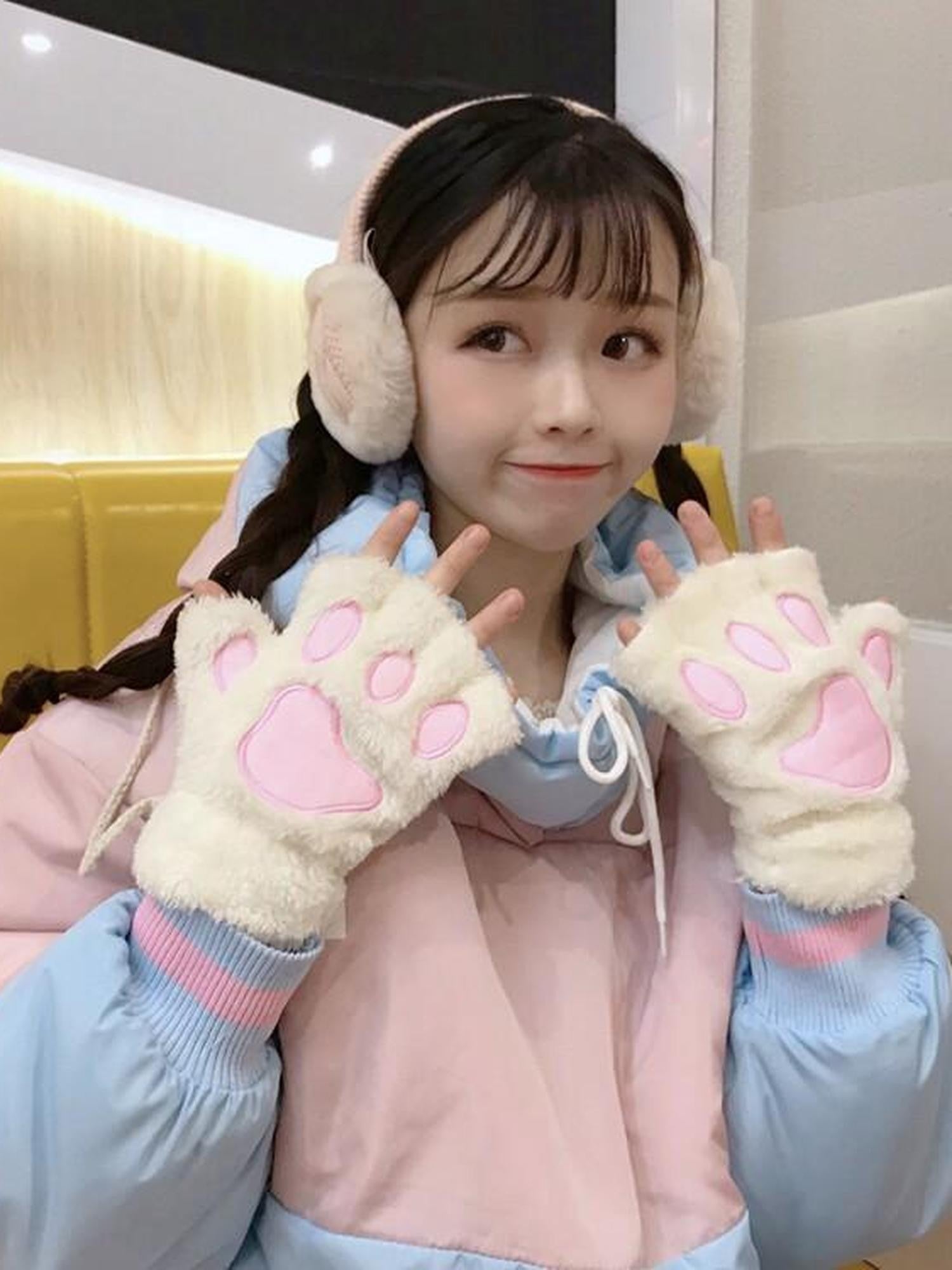 Sugar Girl Kawaii Cat Paw Half Finger Women's Plush Fleece Lined Gloves