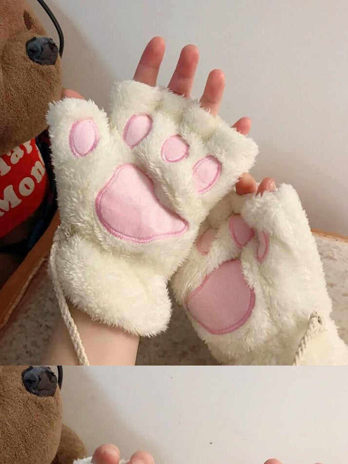 Sugar Girl Kawaii Cat Paw Half Finger Women's Plush Fleece Lined Gloves