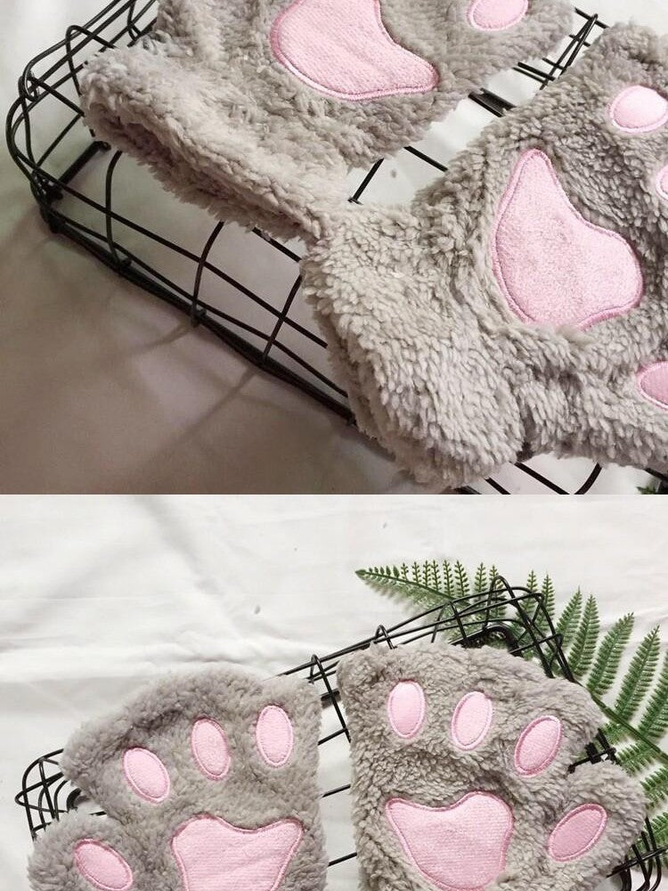 Sugar Girl Kawaii Cat Paw Half Finger Women's Plush Fleece Lined Gloves