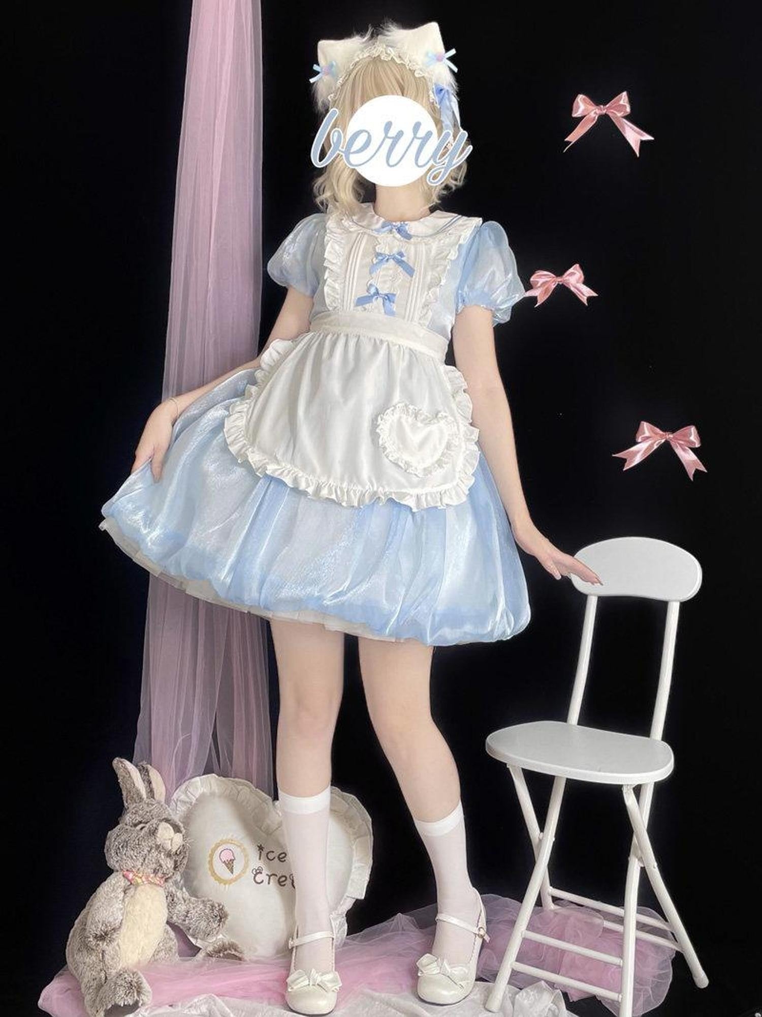 Sugar Girl Light Blue Apron Lolita Puff Sleeve Highwaist Aline Women's Short Sleeve Op