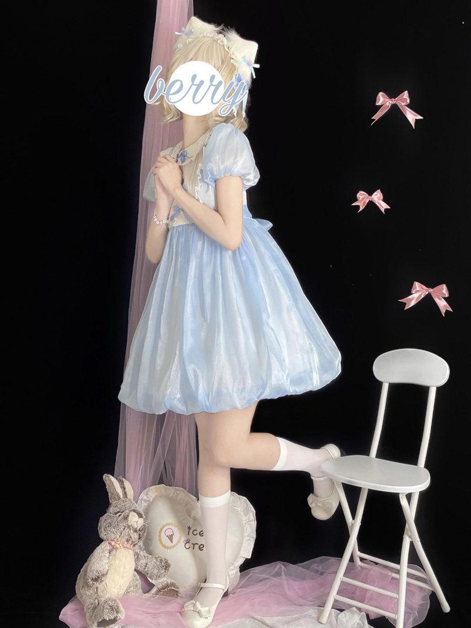 Sugar Girl Light Blue Apron Lolita Puff Sleeve Highwaist Aline Women's Short Sleeve Op