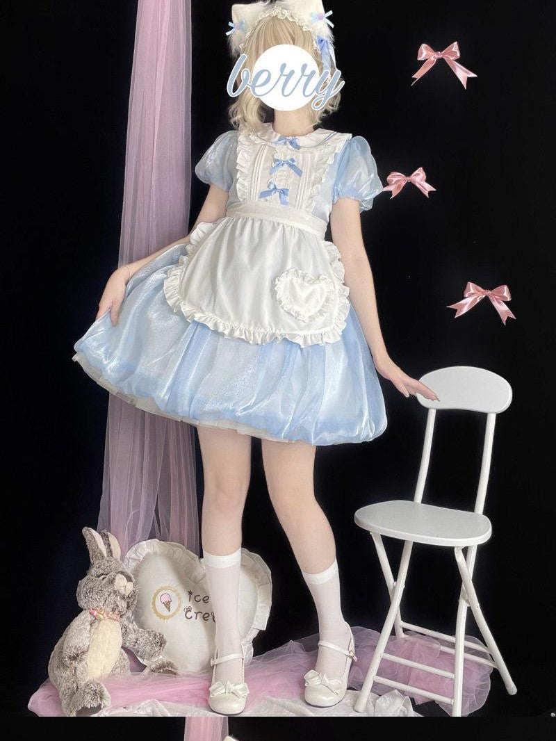 Sugar Girl Light Blue Apron Lolita Puff Sleeve Highwaist Aline Women's Short Sleeve Op