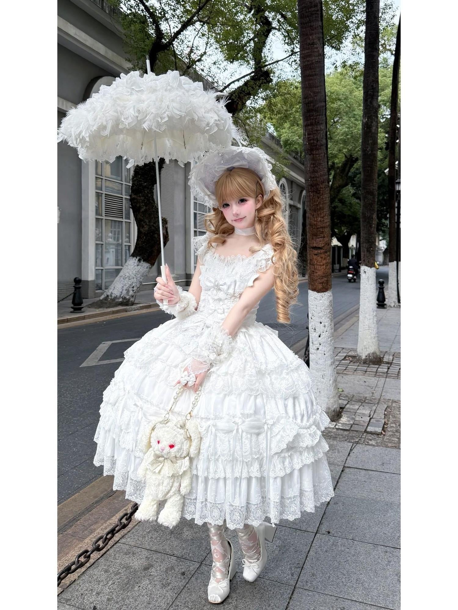 Sugar Girl Light Floral Lolita Spaghetti Strap Back Bow Women's Jsk / Jumper Skirts