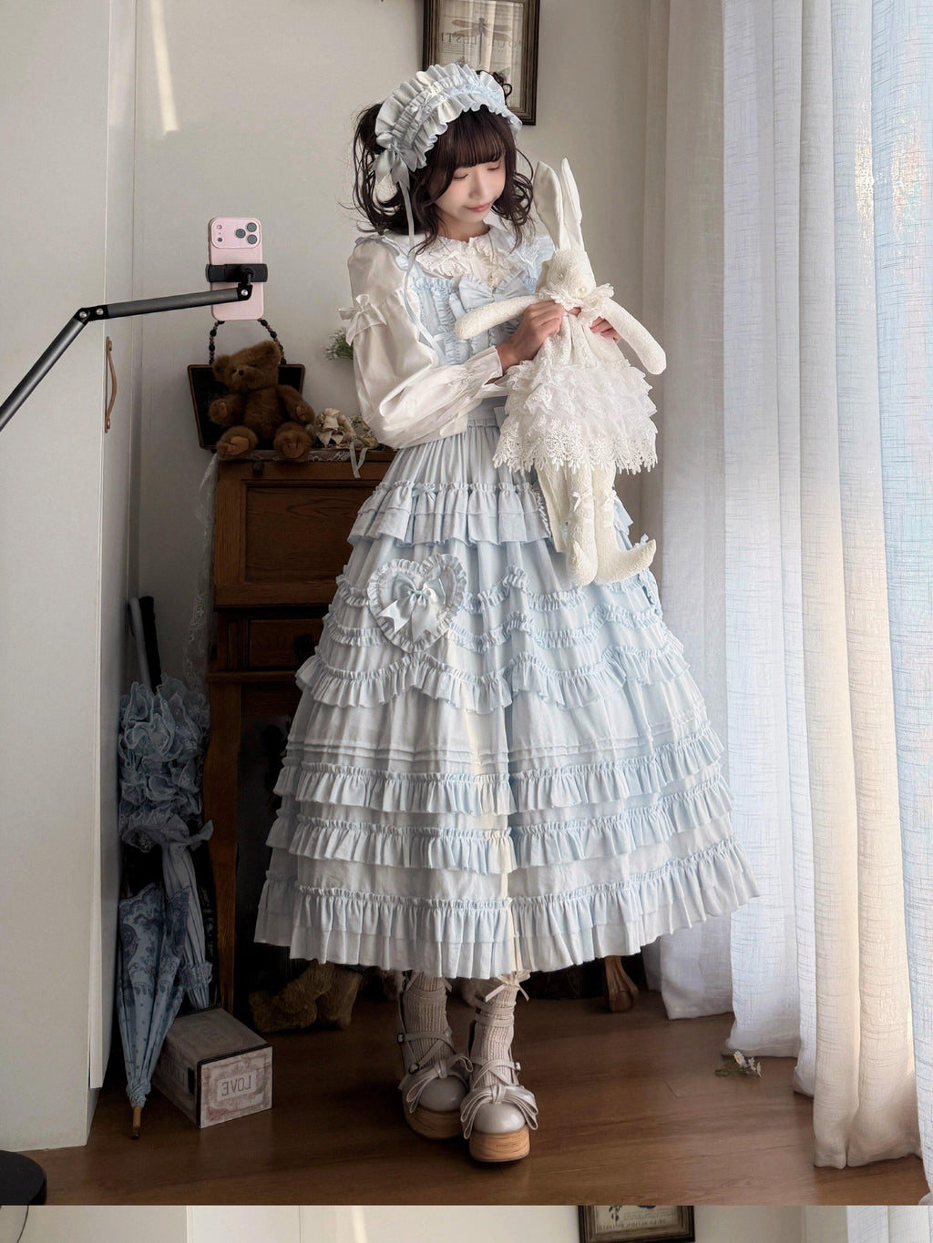 Sugar Girl Pastel Heart Lolita Bardot Neck Puff Skirt Strappy Women's Jsk / Jumper Skirts