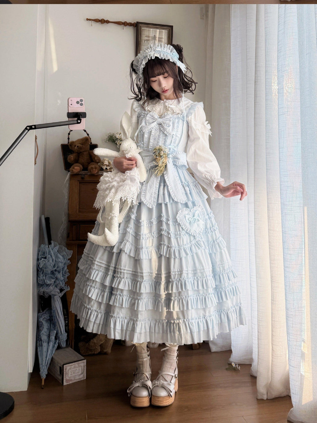 Sugar Girl Pastel Heart Lolita Bardot Neck Puff Skirt Strappy Women's Jsk / Jumper Skirts