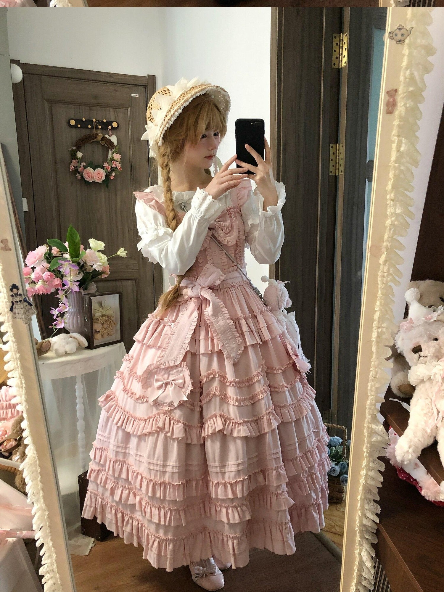 Sugar Girl Pastel Heart Lolita Bardot Neck Puff Skirt Strappy Women's Jsk / Jumper Skirts