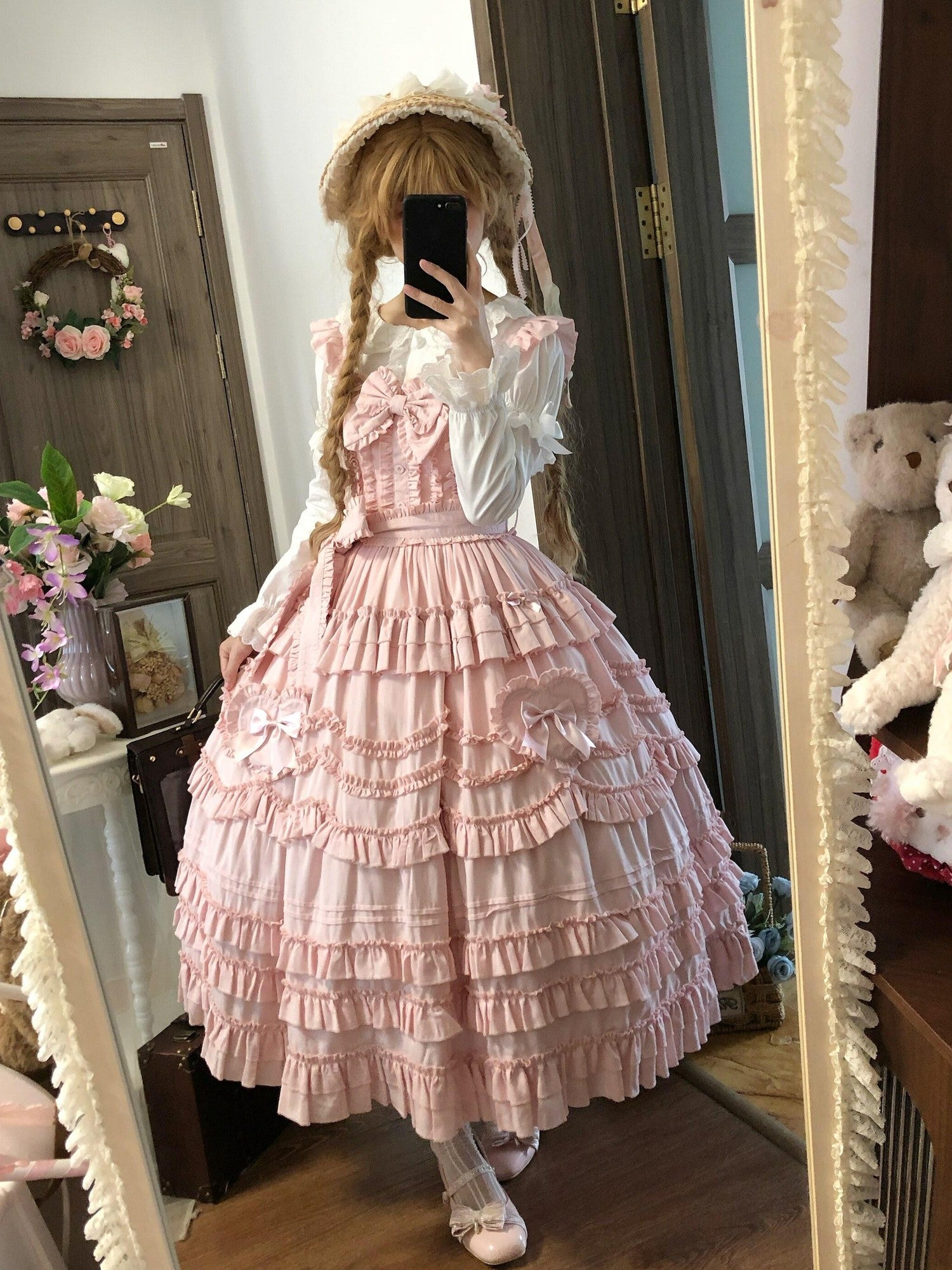 Sugar Girl Pastel Heart Lolita Bardot Neck Puff Skirt Strappy Women's Jsk / Jumper Skirts