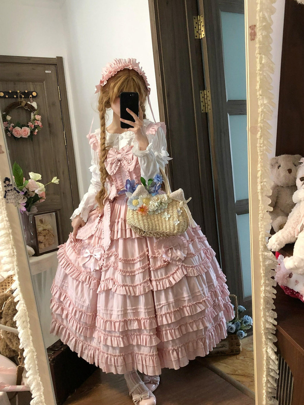 Sugar Girl Pastel Heart Lolita Bardot Neck Puff Skirt Strappy Women's Jsk / Jumper Skirts