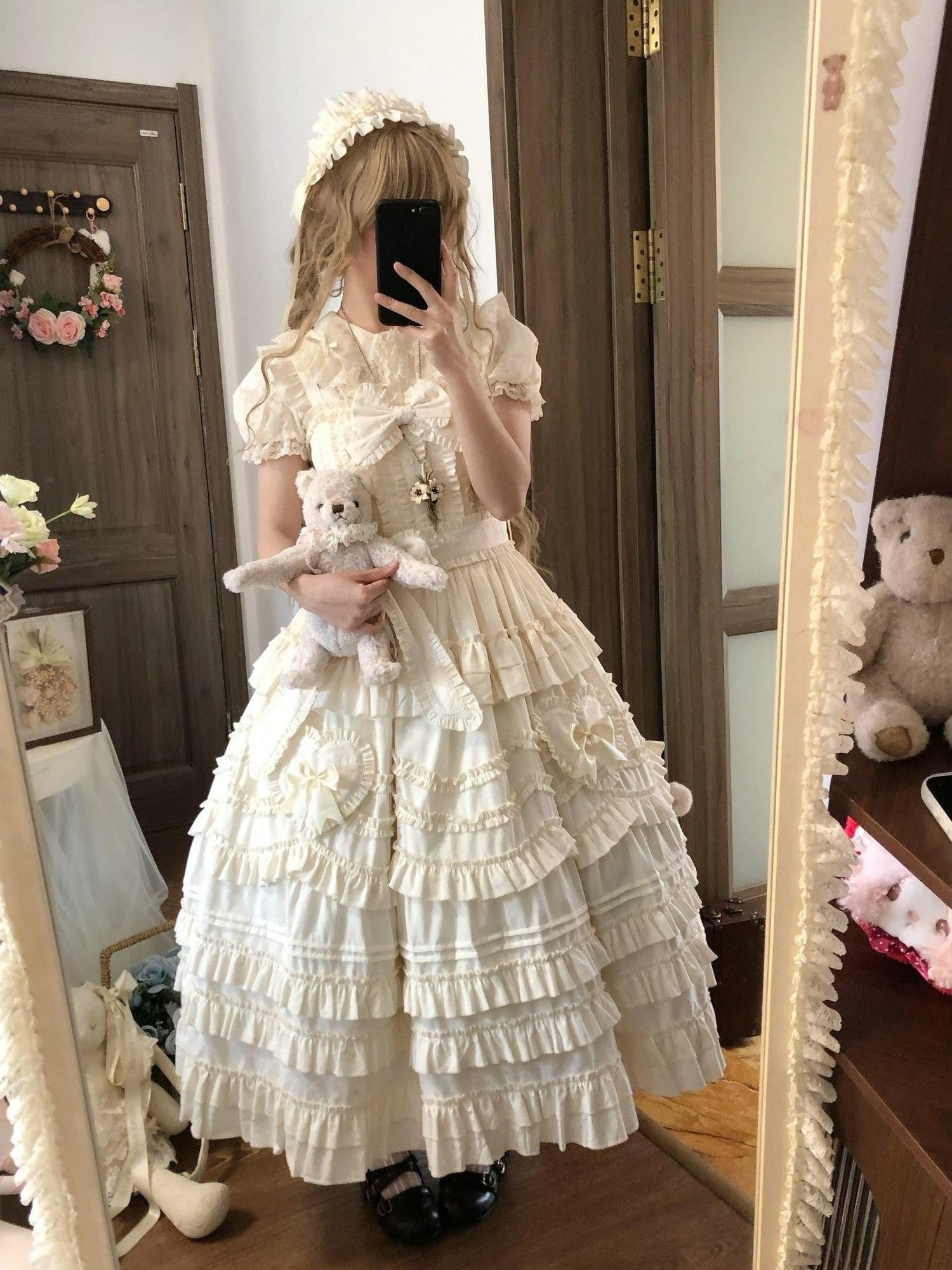 Sugar Girl Pastel Heart Lolita Bardot Neck Puff Skirt Strappy Women's Jsk / Jumper Skirts
