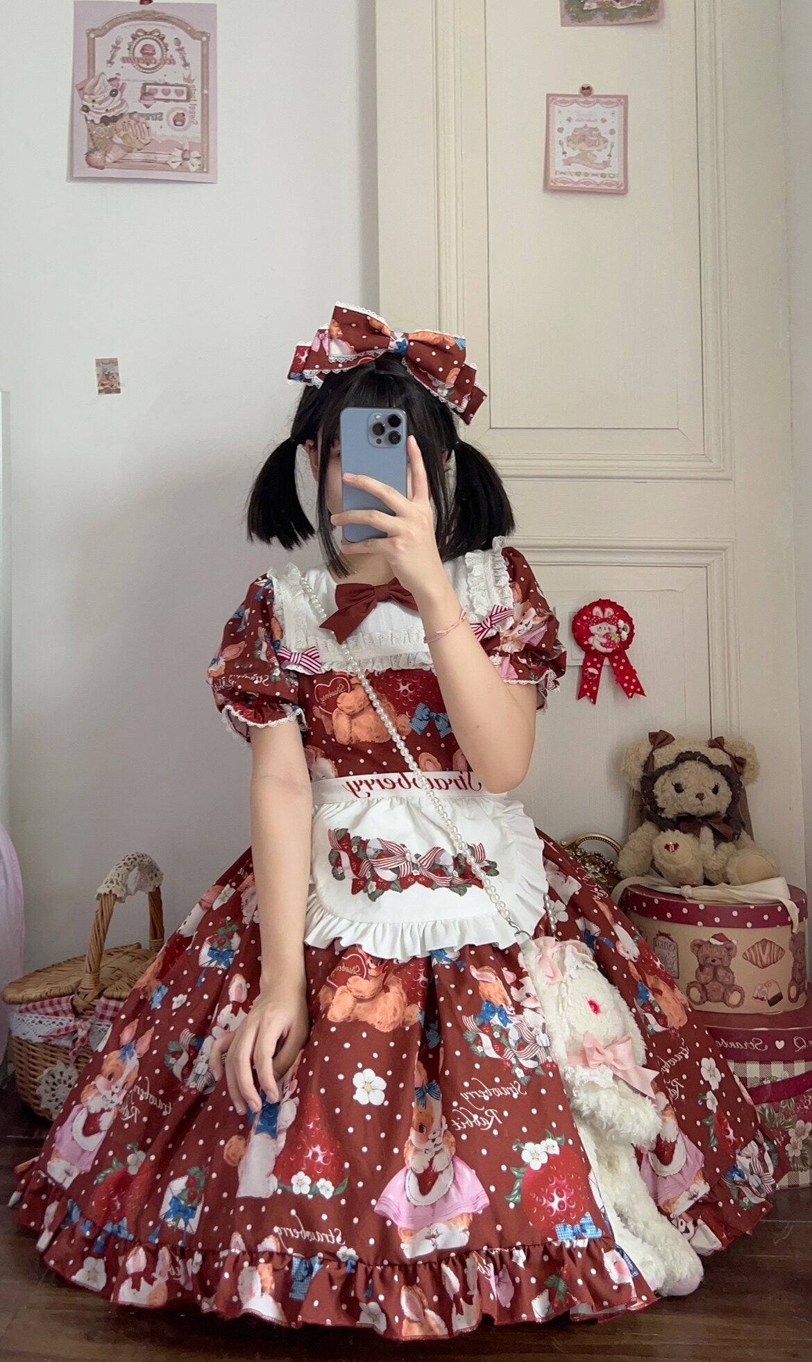 Sugar_Girl_Rabbit_Strawberry_Print_Lolita_Vintage_Cottagecore_Women's_Short_Sleeve_Op_679628873864_MISSTT