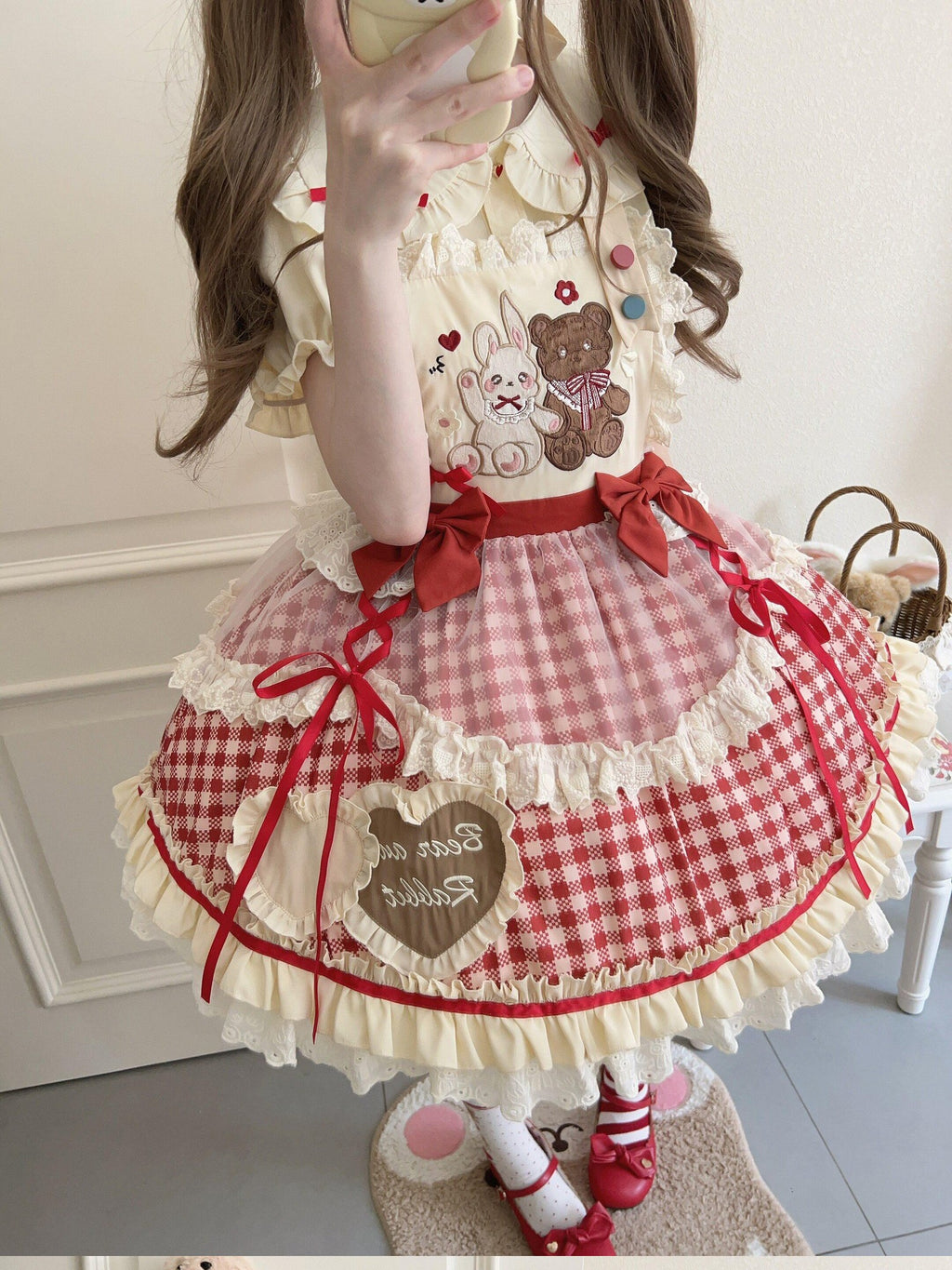 Sugar Girl Red Khaki Apricot Back Bow Lolita Cute Headband Women's Skirt Sets