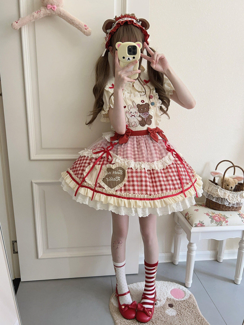 Sugar Girl Red Khaki Apricot Back Bow Lolita Cute Headband Women's Skirt Sets