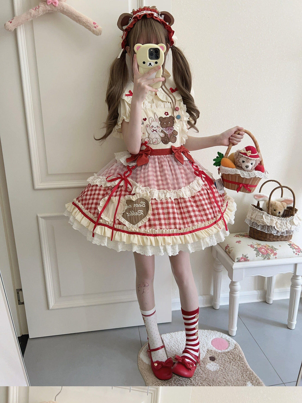 Sugar Girl Red Khaki Apricot Back Bow Lolita Cute Headband Women's Skirt Sets
