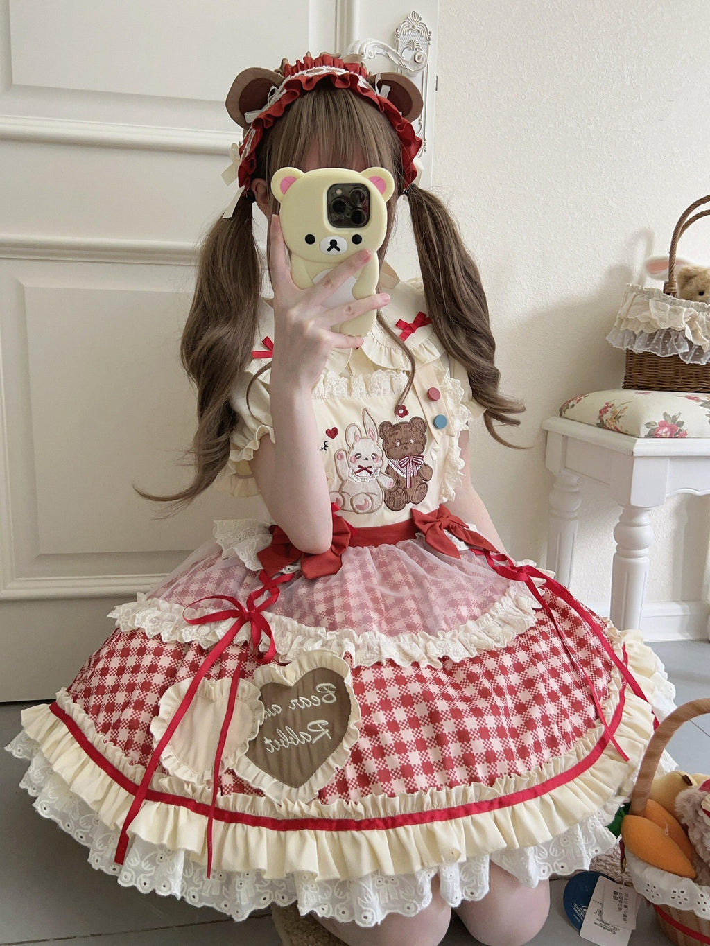 Sugar Girl Red Khaki Apricot Back Bow Lolita Cute Headband Women's Skirt Sets