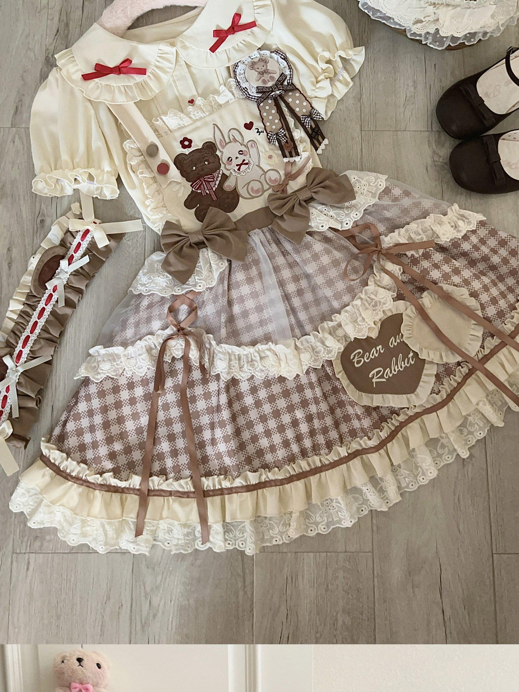 Sugar Girl Red Khaki Apricot Back Bow Lolita Cute Headband Women's Skirt Sets