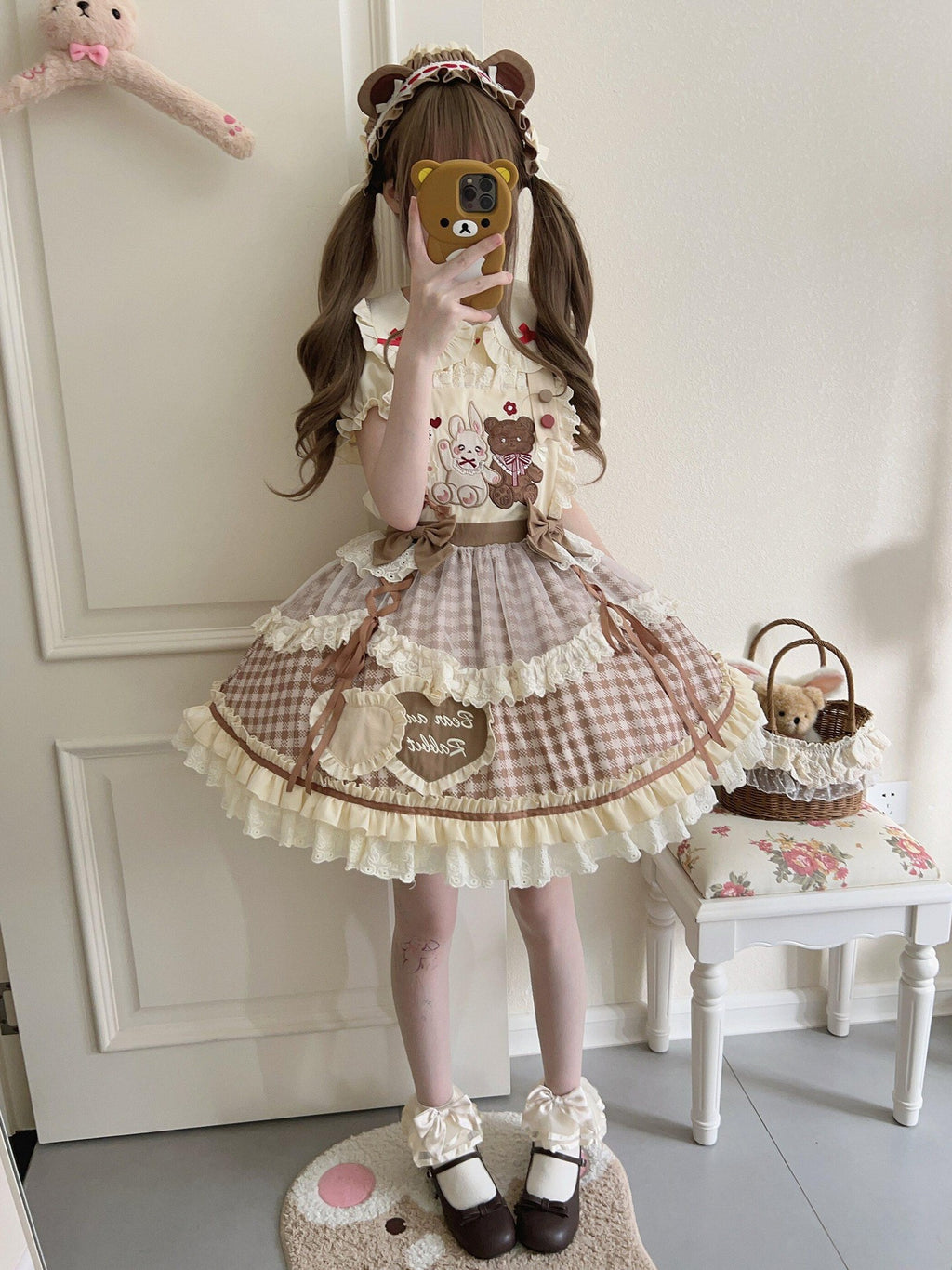 Sugar Girl Red Khaki Apricot Back Bow Lolita Cute Headband Women's Skirt Sets