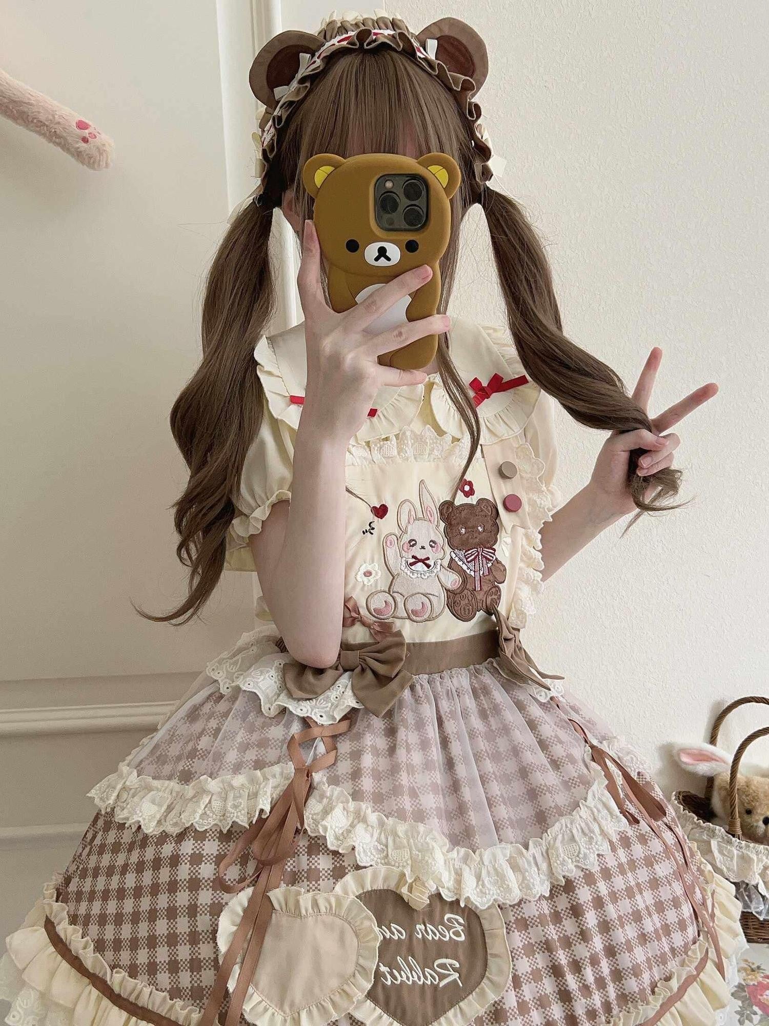 Sugar Girl Red Khaki Apricot Back Bow Lolita Cute Headband Women's Skirt Sets