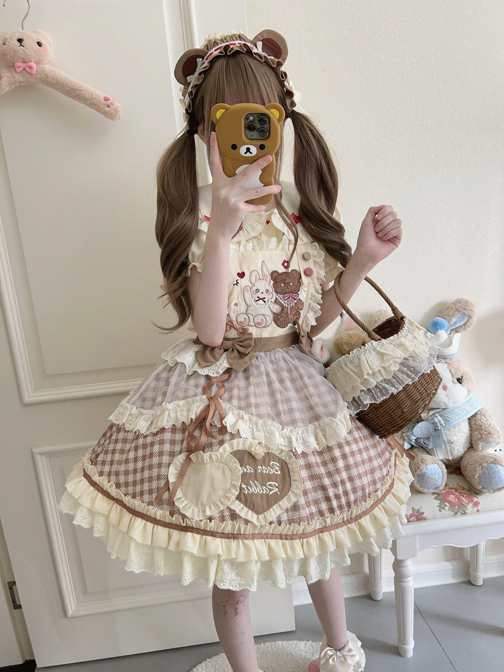 Sugar Girl Red Khaki Apricot Back Bow Lolita Cute Headband Women's Skirt Sets