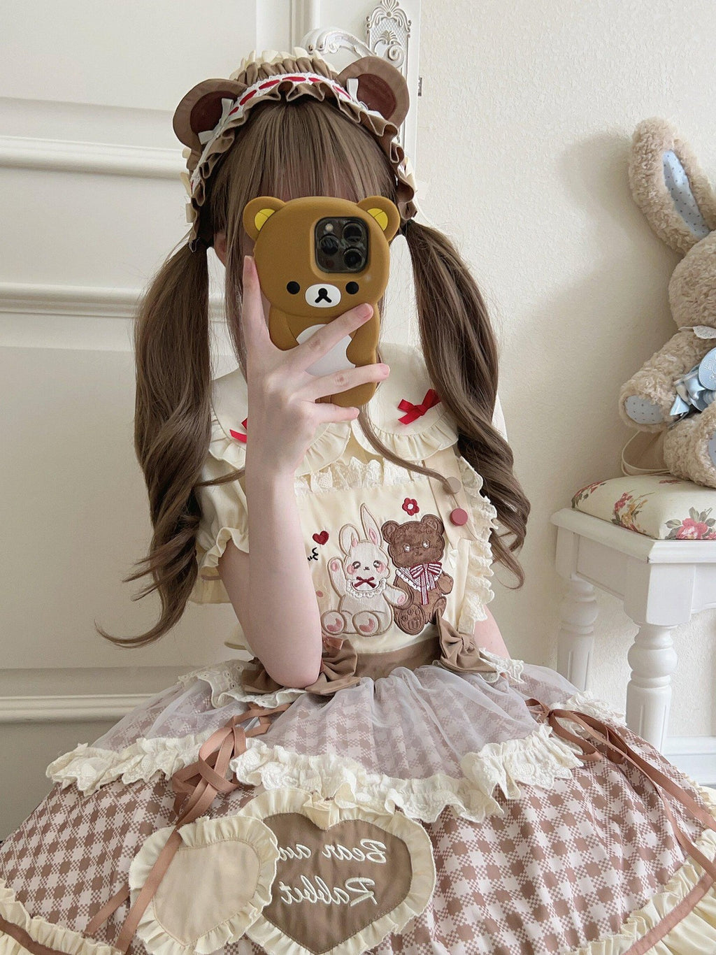 Sugar Girl Red Khaki Apricot Back Bow Lolita Cute Headband Women's Skirt Sets