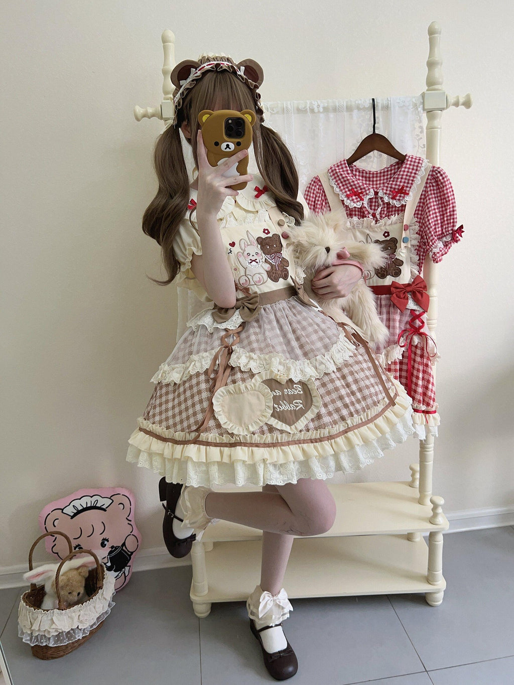 Sugar Girl Red Khaki Apricot Back Bow Lolita Cute Headband Women's Skirt Sets