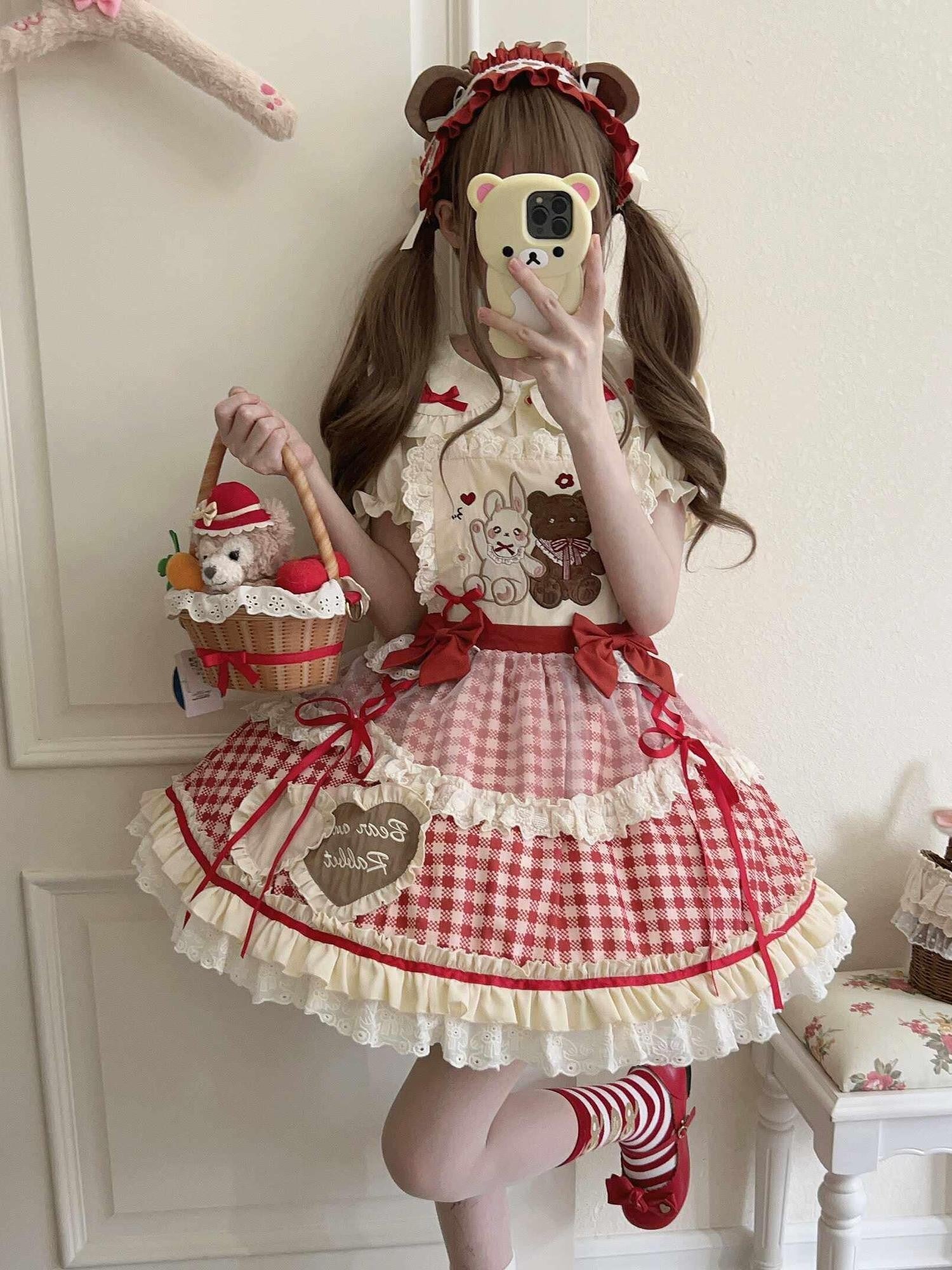 Sugar Girl Red Khaki Apricot Back Bow Lolita Cute Headband Women's Skirt Sets