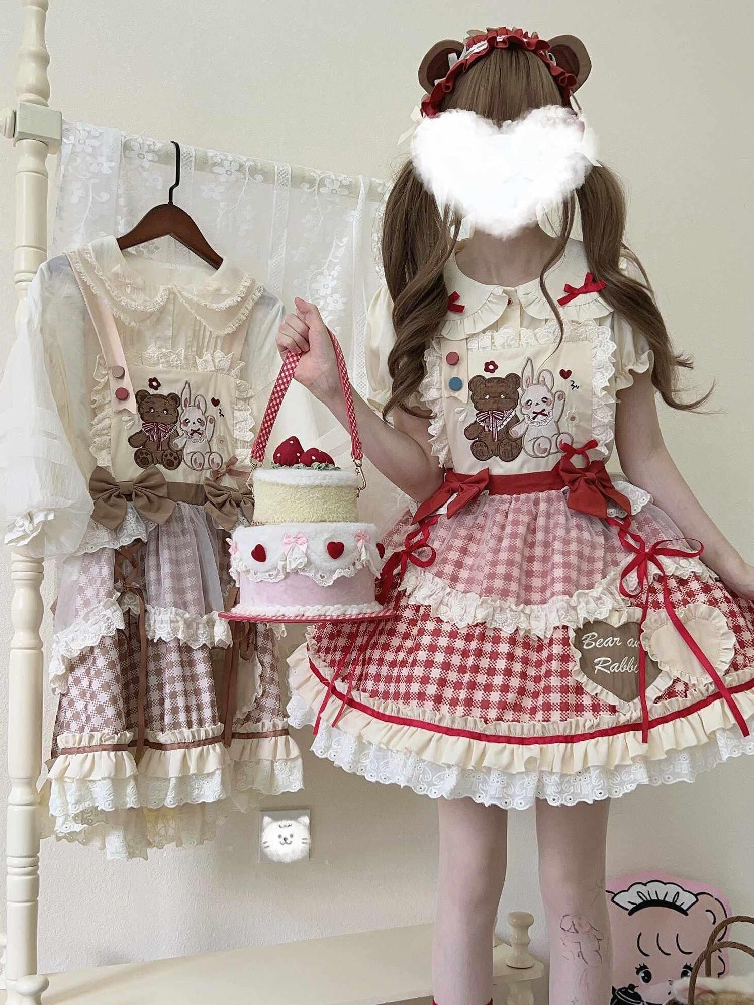 Sugar Girl Red Khaki Apricot Back Bow Lolita Cute Headband Women's Skirt Sets