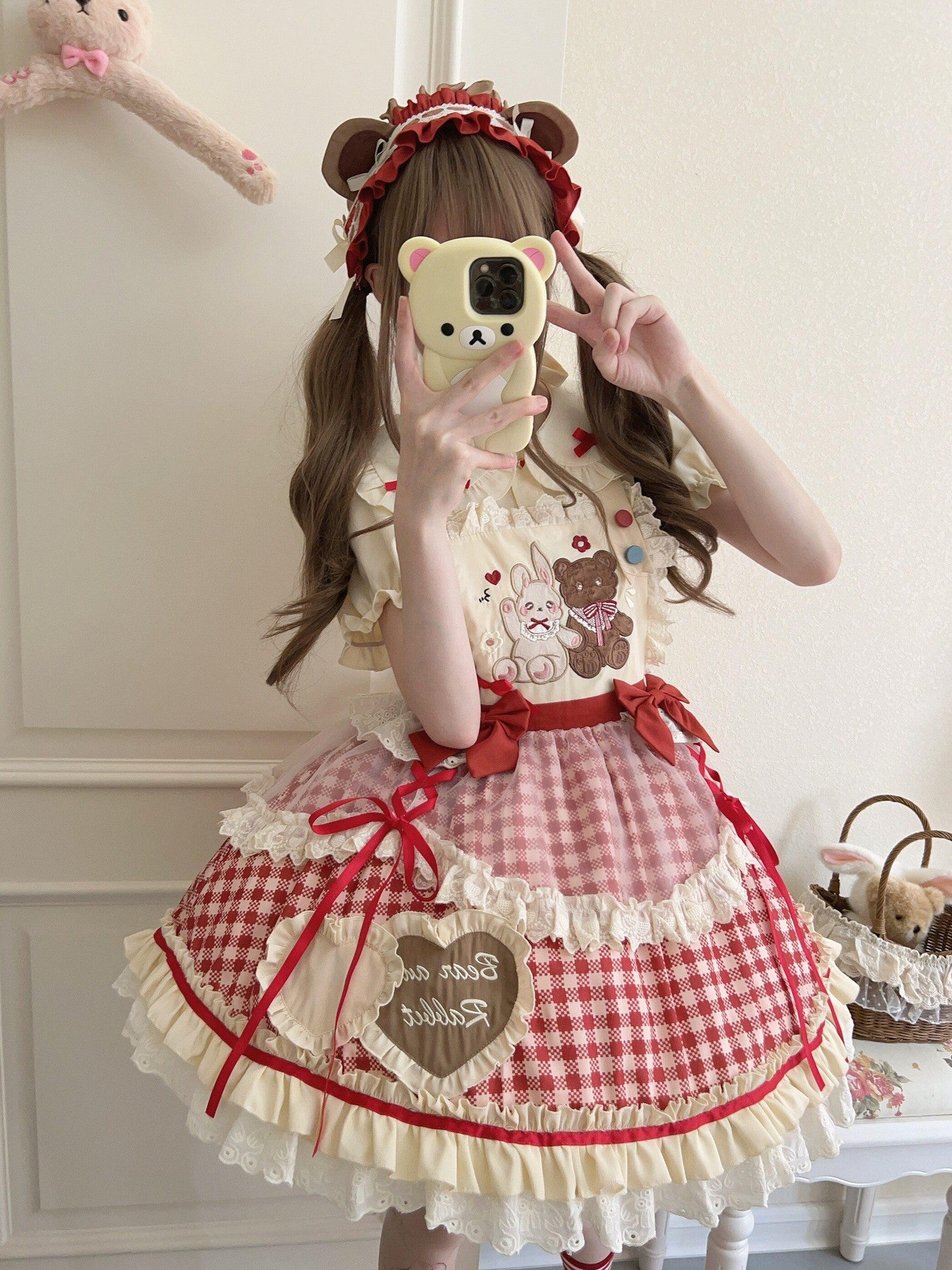 Sugar Girl Red Khaki Apricot Back Bow Lolita Cute Headband Women's Skirt Sets