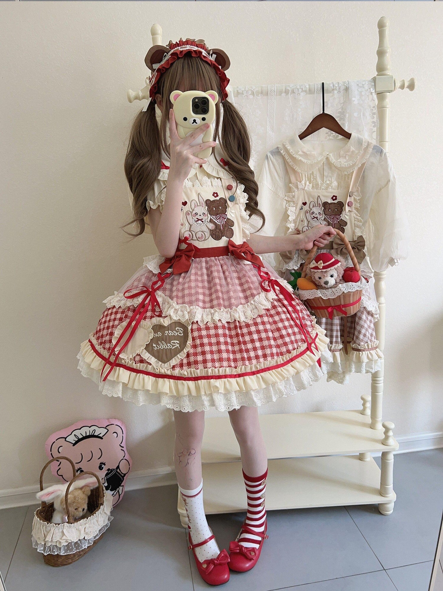 Sugar Girl Red Khaki Apricot Back Bow Lolita Cute Headband Women's Skirt Sets