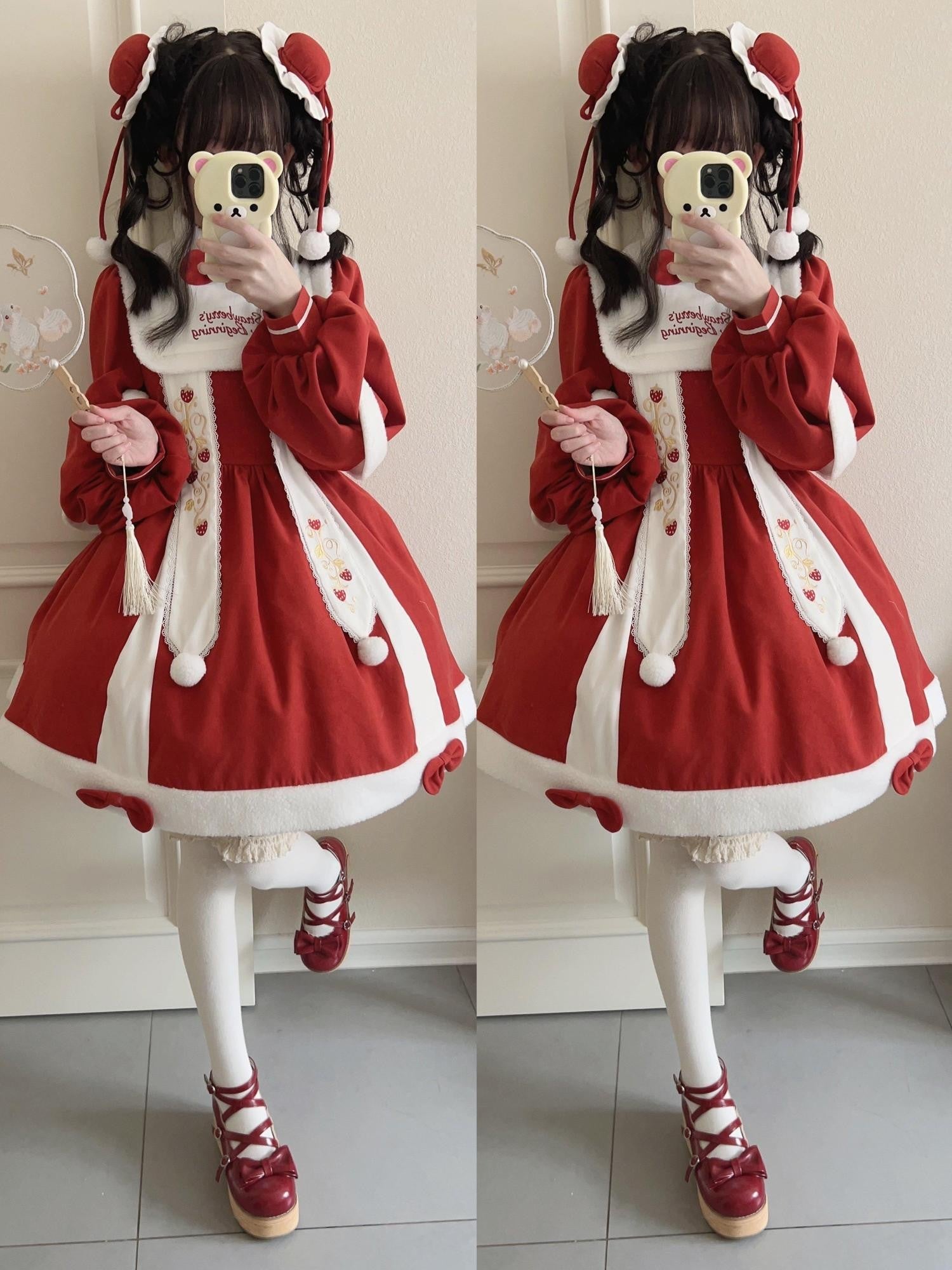 Sugar Girl Red Strawberry Print Lolita Festive Party Women's Long Sleeve Op