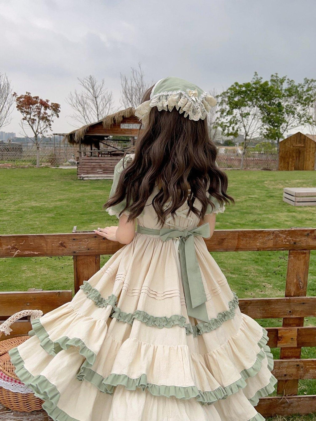 Sugar Girl Sage Green Lolita Square Neck High Waist Aline Women's Short Sleeve Op
