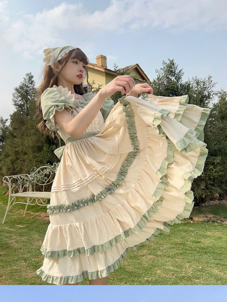 Sugar Girl Sage Green Lolita Square Neck High Waist Aline Women's Short Sleeve Op