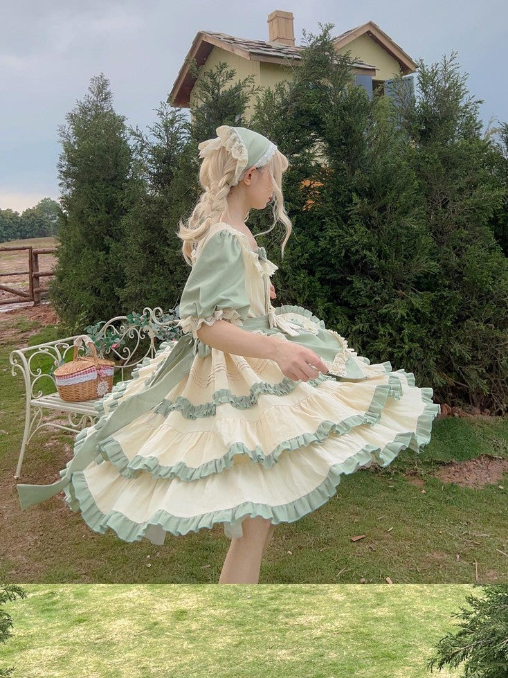 Sugar Girl Sage Green Lolita Square Neck High Waist Aline Women's Short Sleeve Op