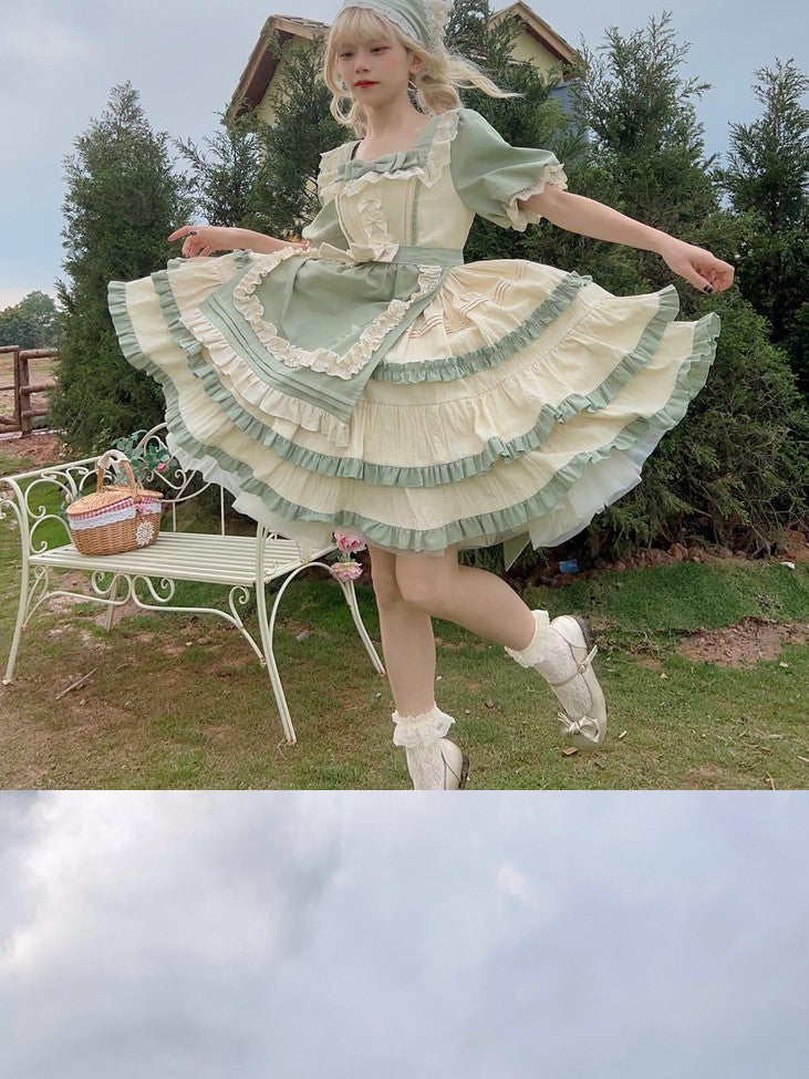 Sugar Girl Sage Green Lolita Square Neck High Waist Aline Women's Short Sleeve Op