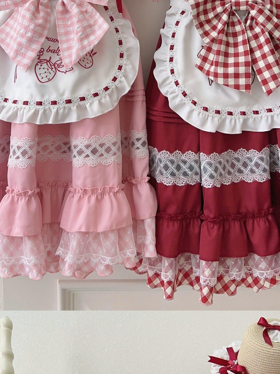 Sugar Girl Strawberry Lolita Apron Woven Bag Cute Women's Short Sleeve Op