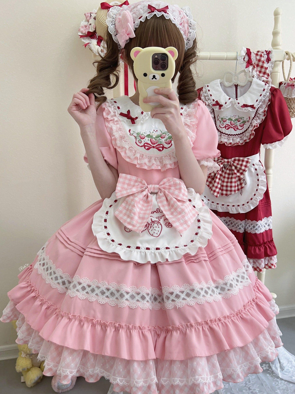 Sugar Girl Strawberry Lolita Apron Woven Bag Cute Women's Short Sleeve Op