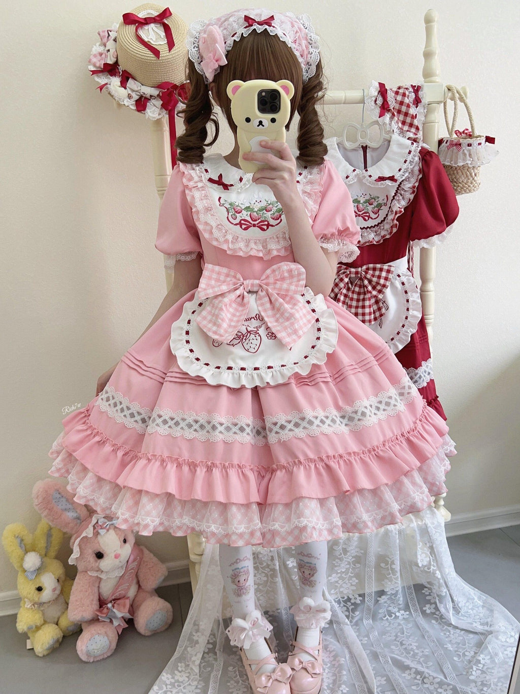 Sugar Girl Strawberry Lolita Apron Woven Bag Cute Women's Short Sleeve Op