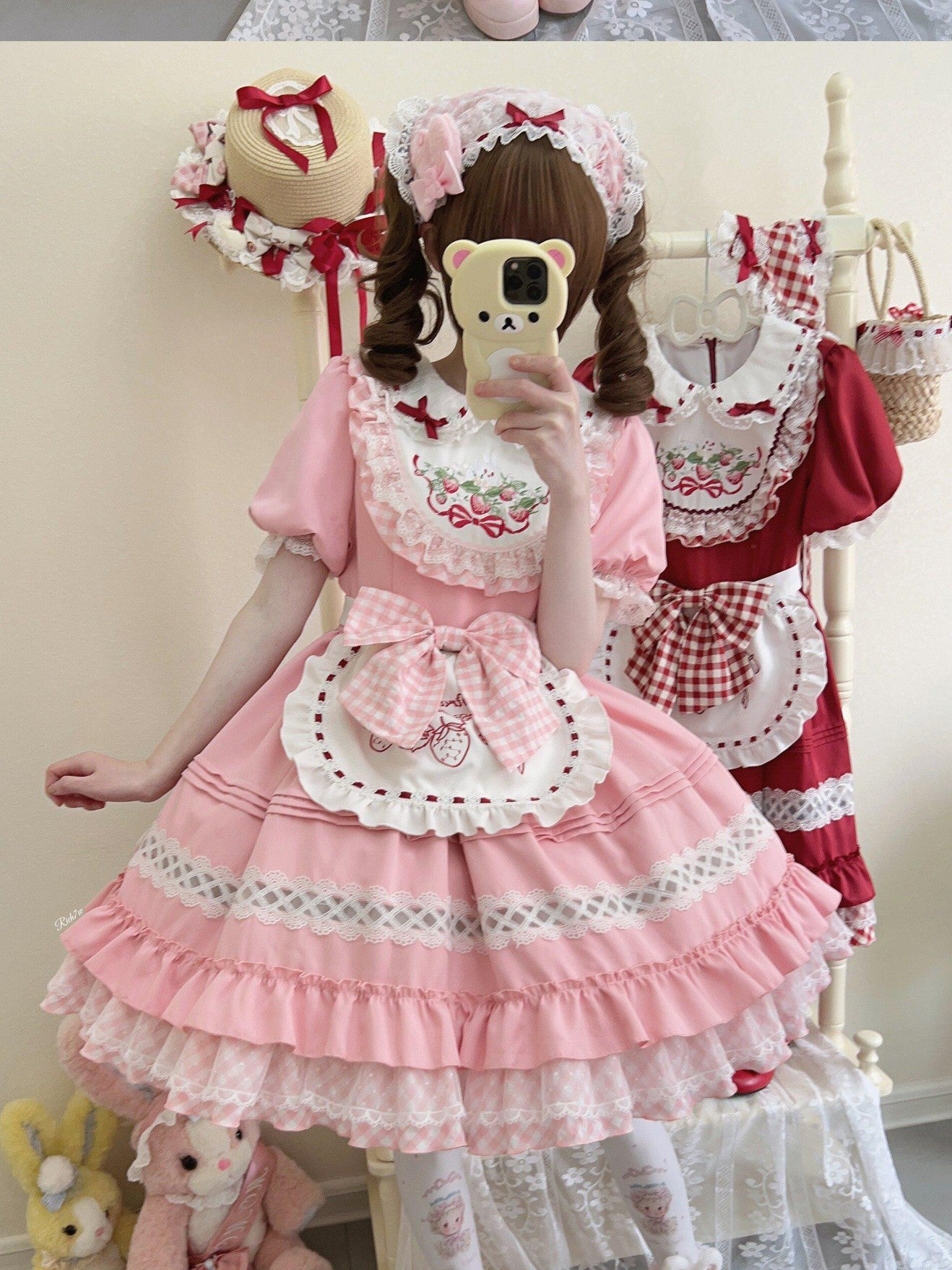 Sugar Girl Strawberry Lolita Apron Woven Bag Cute Women's Short Sleeve Op