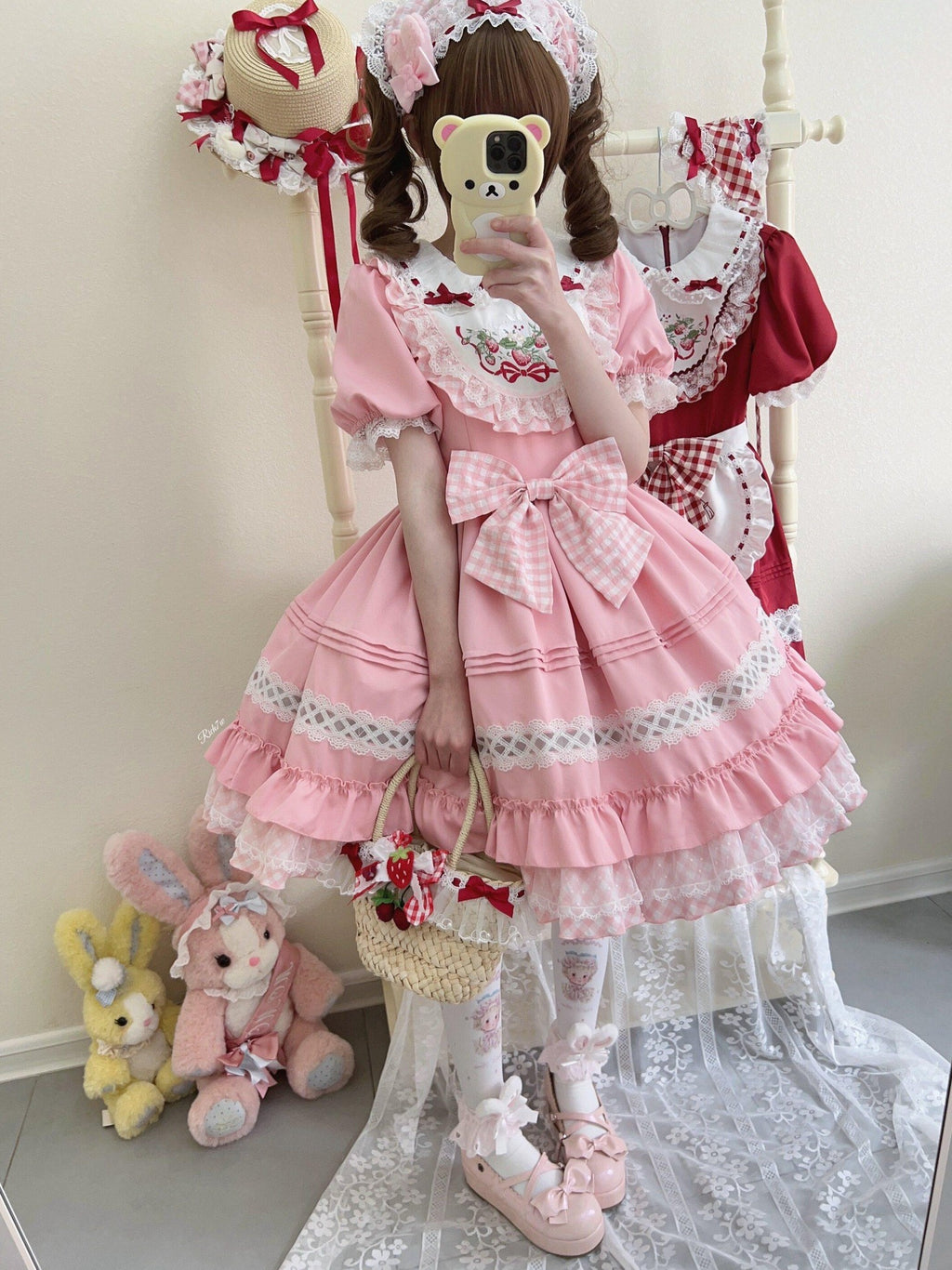 Sugar Girl Strawberry Lolita Apron Woven Bag Cute Women's Short Sleeve Op