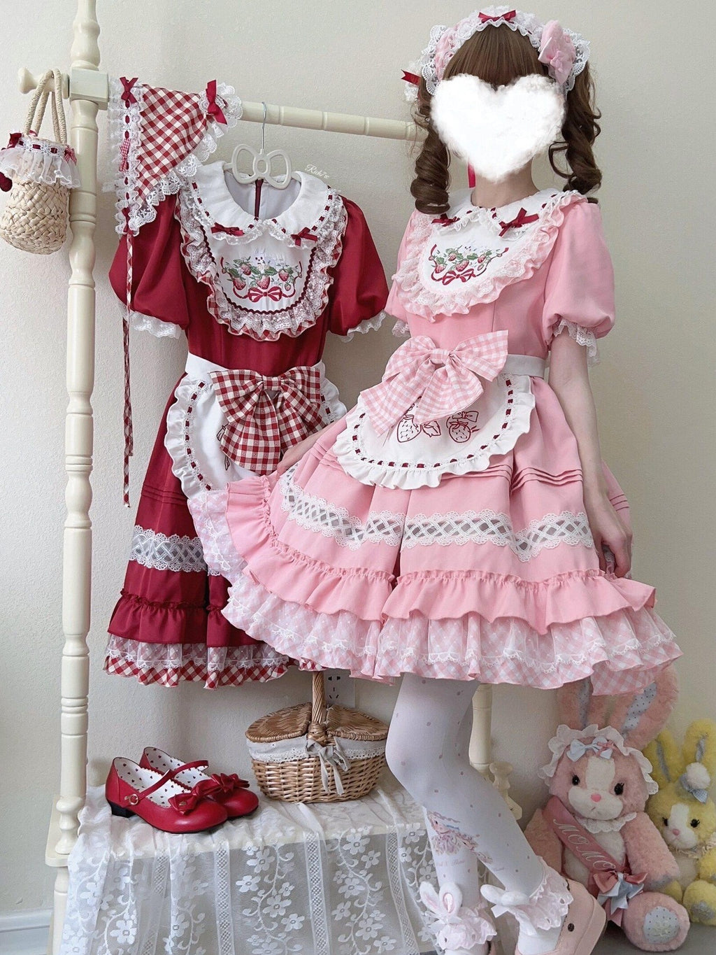 Sugar Girl Strawberry Lolita Apron Woven Bag Cute Women's Short Sleeve Op