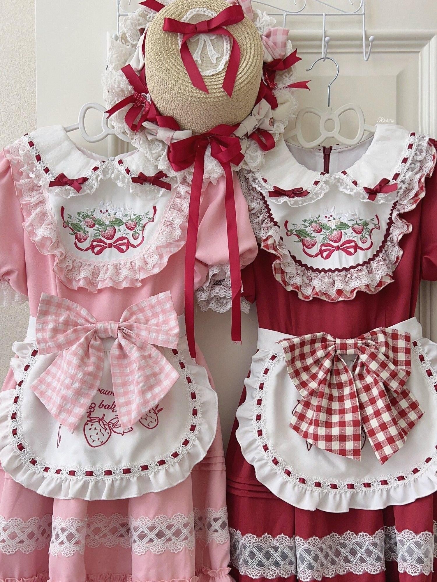 Sugar Girl Strawberry Lolita Apron Woven Bag Cute Women's Short Sleeve Op