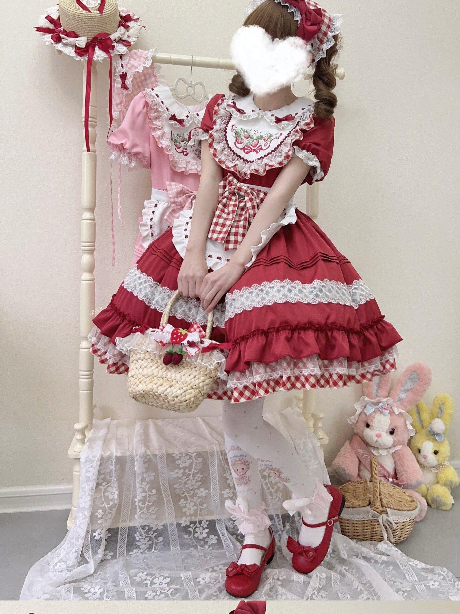 Sugar Girl Strawberry Lolita Apron Woven Bag Cute Women's Short Sleeve Op