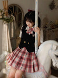 Sugar Girl Strawberry Plaid Pleated Jk Schoolgirl High Waist Aline Short Women's Skirt Sets