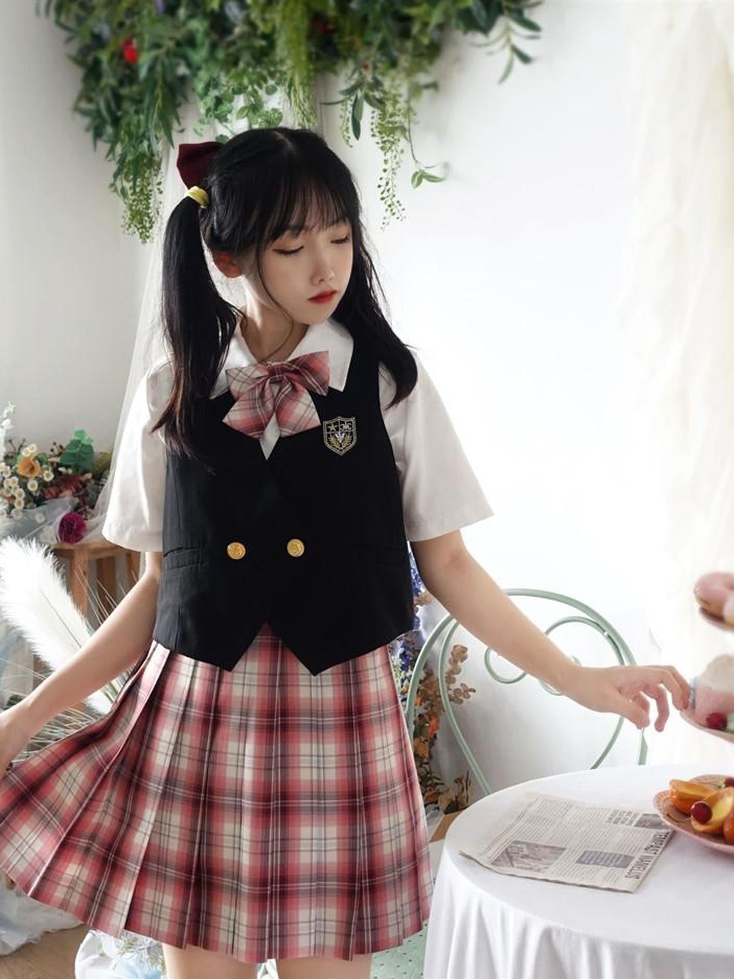 Sugar Girl Strawberry Plaid Pleated Jk Schoolgirl High Waist Aline Short Women's Skirt Sets