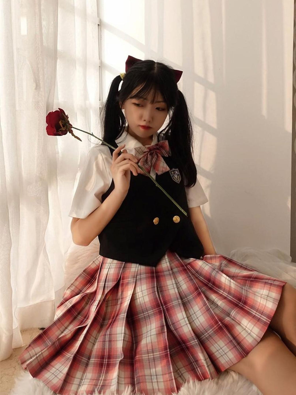 Sugar Girl Strawberry Plaid Pleated Jk Schoolgirl High Waist Aline Short Women's Skirt Sets