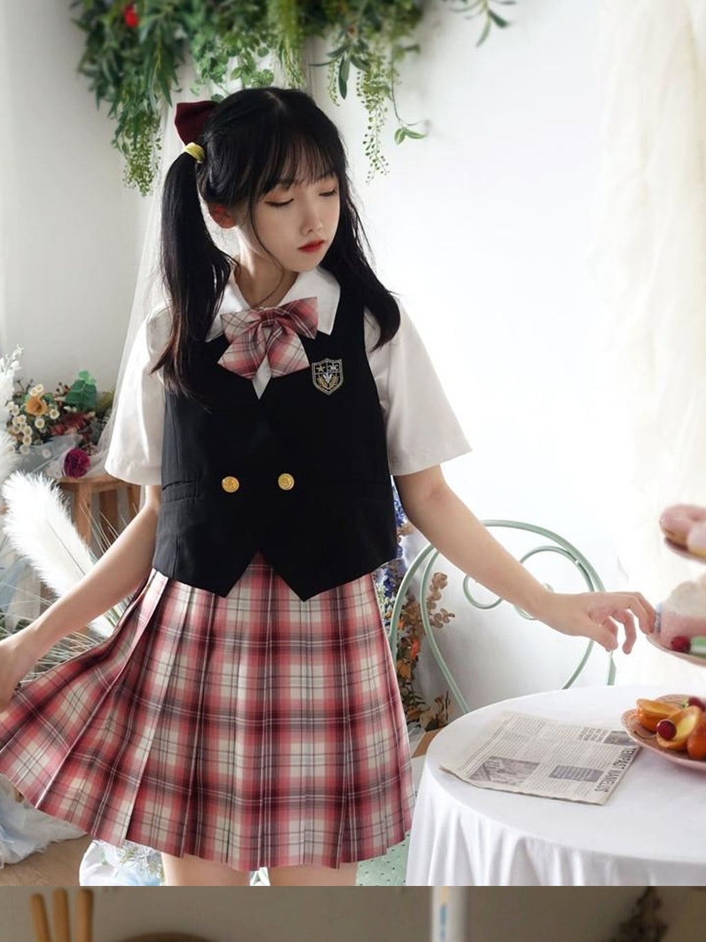 Sugar Girl Strawberry Plaid Pleated Jk Schoolgirl High Waist Aline Short Women's Skirt Sets